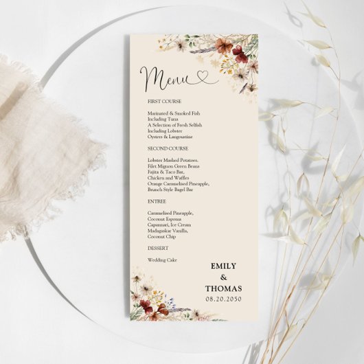 Boho Tiny Wildflower Bruiloft Menu