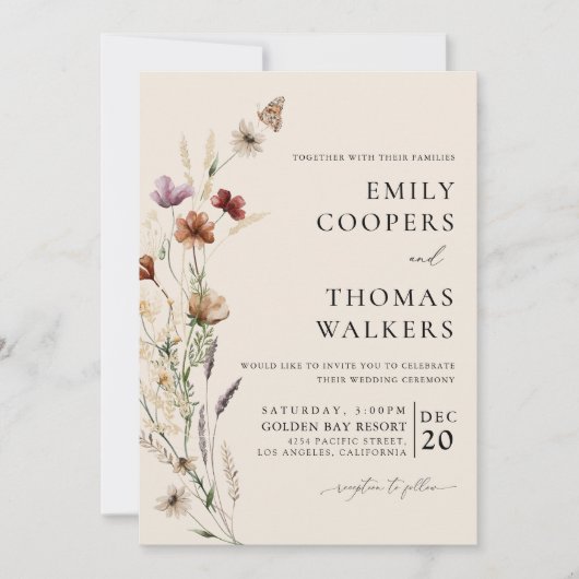 Boho Tiny Wildflower huwelijksceremonie uitnodigin Kaart (Voorkant)