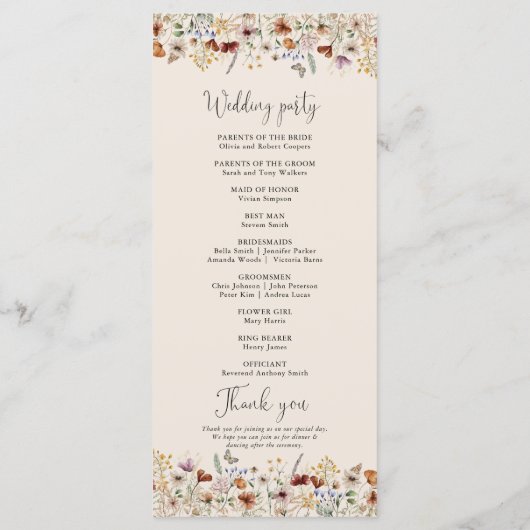 Boho Tiny Wildflower huwelijksprogramma Programmakaart (Achterkant)