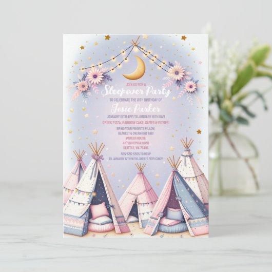 Boho Tipee Meisjes Slaapfeestje Pyjamaparty Kaart (Staand voorkant)