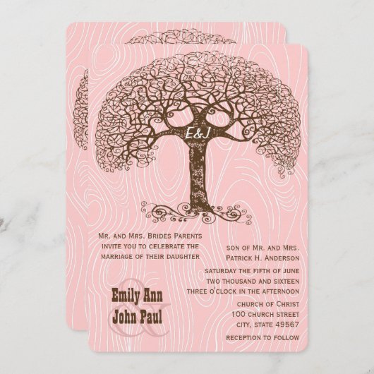 Boho Tree Crabapple Pink Wood grain Wedite Kaart (Voorkant / Achterkant)