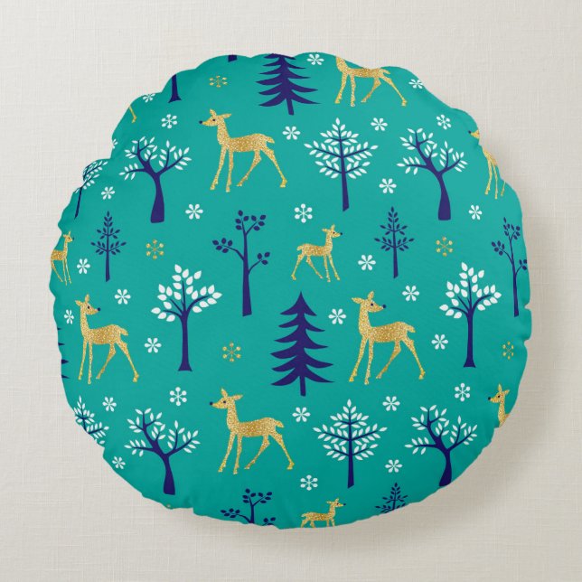 Boho Trees Gold Deers Modern Rond Kussen (Voorkant)
