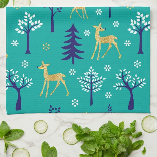 Boho Trees Gold Deers Modern Theedoek (Gevouwen)