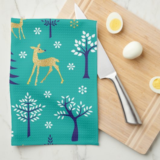 Boho Trees Gold Deers Modern Theedoek (Quarter Fold)