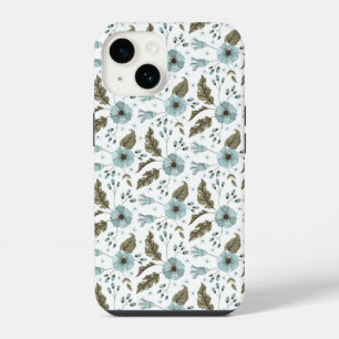 Boho trendy blauwgroene bloem iPhone 14 hoesje