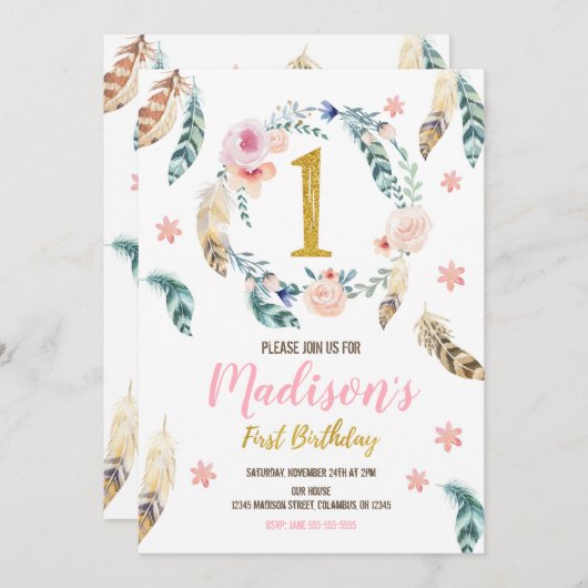 Boho Tribal 1e verjaardag Uitnodiging voor een mei (Voorkant / Achterkant)