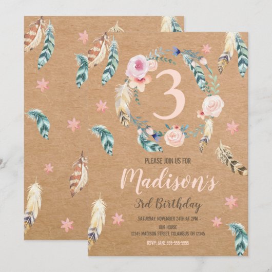 Boho Tribal Birthday Uitnodiging voor een meisje O (Voorkant / Achterkant)