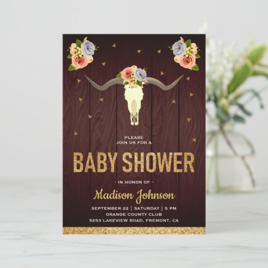 Boho Tribal Bloemen Koe Schedel Baby shower Kaart (Staand voorkant)