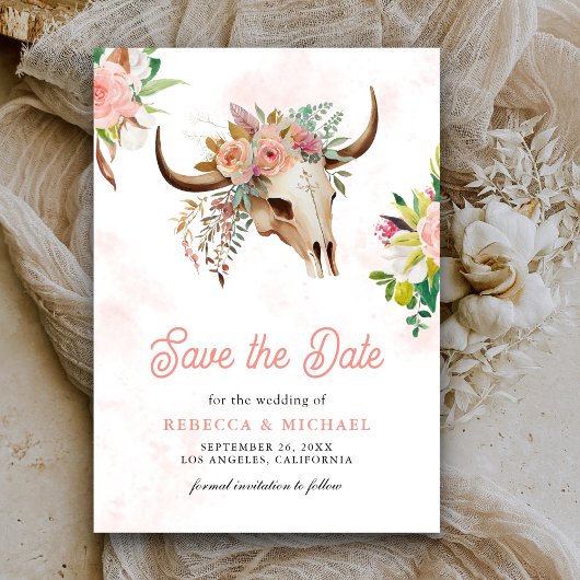 Boho Tribal Bloemen Koe Schedel Huwelijk Save The Date