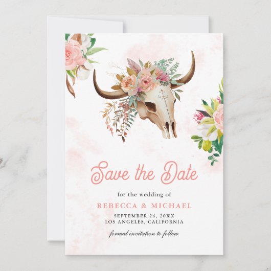 Boho Tribal Bloemen Koe Schedel Huwelijk Save The Date (Voorkant)