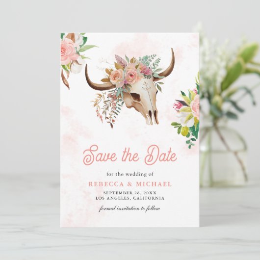 Boho Tribal Bloemen Koe Schedel Huwelijk Save The Date (Staand voorkant)
