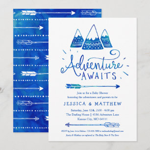 Boho Tribal Blue "Adventure Awaits" Baby shower Kaart