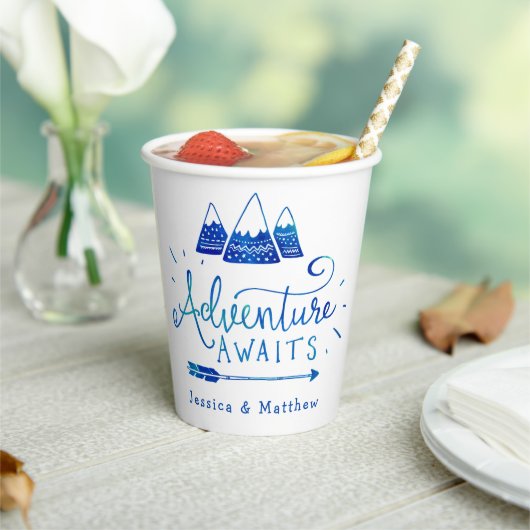 Boho Tribal Blue "Adventure Awaits" Baby shower Papieren Bekers (Insitu)