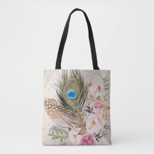 Boho Tribal Chic Peacock Feather & Rozen Canvas ta Tote Bag