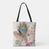 Boho Tribal Chic Peacock Feather & Rozen Canvas ta Tote Bag (Achterkant)