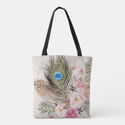 Boho Tribal Chic Peacock Feather & Rozen Canvas ta Tote Bag (Achterkant)