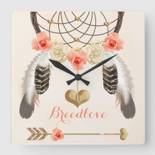 Boho Tribal Clock met Dreamweaver catcher en Feath Vierkante Klok (Voorkant)