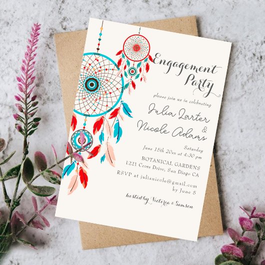 Boho Tribal Feather Dreamcatcher Engagement Party Kaart