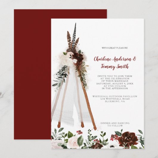 Boho Tribal Feathers Bloemen Boeket Teepee Bruilof Kaart (Voorkant / Achterkant)