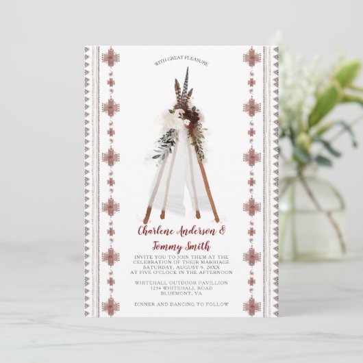 Boho Tribal Feathers Bloemen Teepee Bruiloft | Kaart (Staand voorkant)