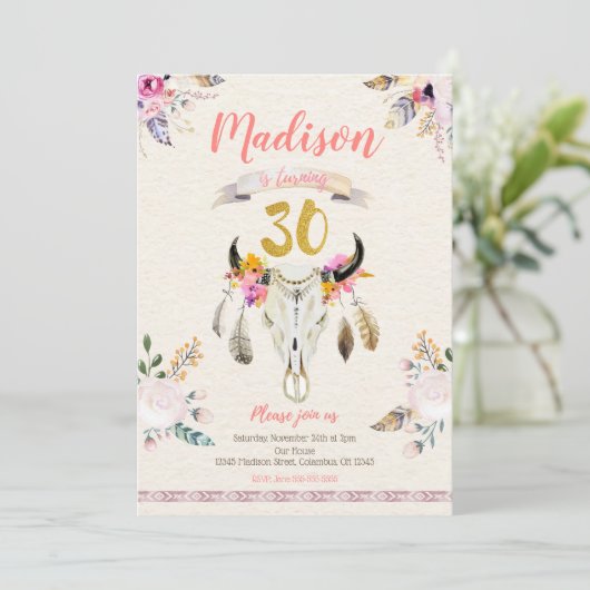 Boho Tribal Floral Skull 30th Birthday Invitation Kaart (Staand voorkant)