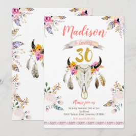 Boho Tribal Floral Skull 30th Birthday Invitation Kaart