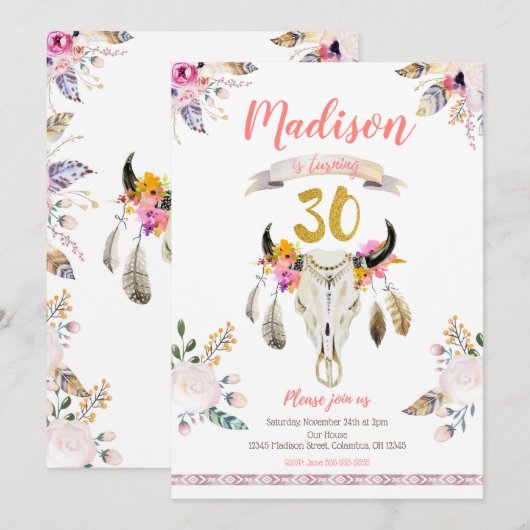 Boho Tribal Floral Skull 30th Birthday Invitation Kaart (Voorkant / Achterkant)