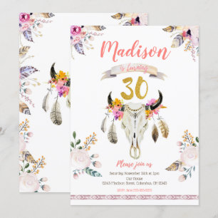 Boho Tribal Floral Skull 30th Birthday Invitation Kaart