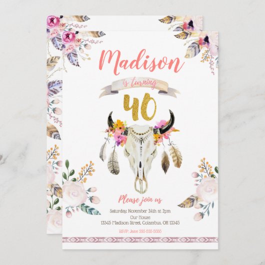 Boho Tribal Floral Skull 40th Birthday Invitation Kaart (Voorkant / Achterkant)