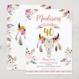 Boho Tribal Floral Skull 40th Birthday Invitation Kaart