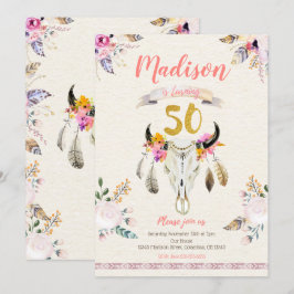 Boho Tribal Floral Skull 50th Birthday Invitation Kaart