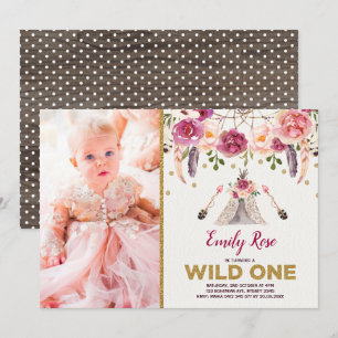 Boho Tribal Floral Wild One Birthday Dreamcatcher Kaart