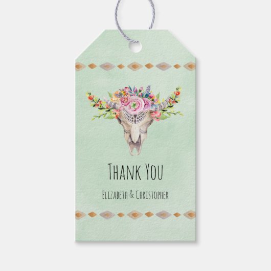 Boho Tribal Koe schedel Floral Dank u Cadeaulabel (Voorkant)