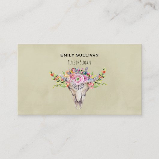 Boho Tribal Koe Skull met stijlvol bloemontwerp Visitekaartje (Voorkant)
