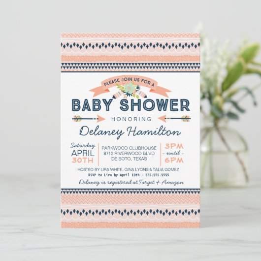 Boho Tribal Peach and Navy Ethnic Baby shower Kaart (Staand voorkant)