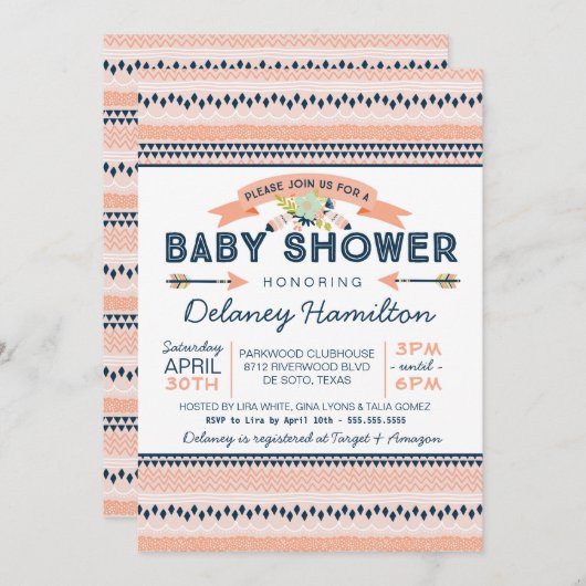 Boho Tribal Peach and Navy Ethnic Baby shower Kaart (Voorkant / Achterkant)
