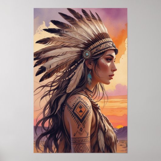 Boho Tribal Queen met veren hoofdtooi Poster (Voorkant)