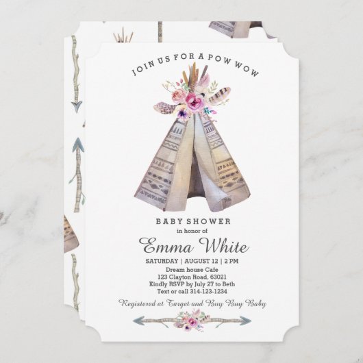 Boho Tribal Teepee Floral Baby shower Kaart (Voorkant / Achterkant)