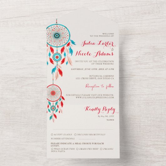 Boho Tribal veer Dreamcatcher bruiloft All In One Uitnodiging (Binnen)