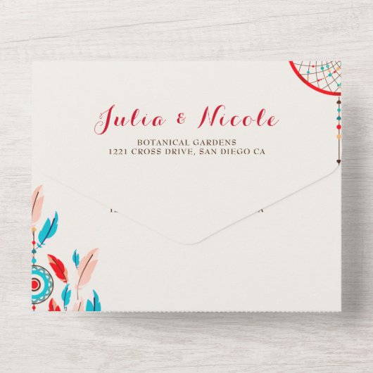 Boho Tribal veer Dreamcatcher bruiloft All In One Uitnodiging (Achterkant)