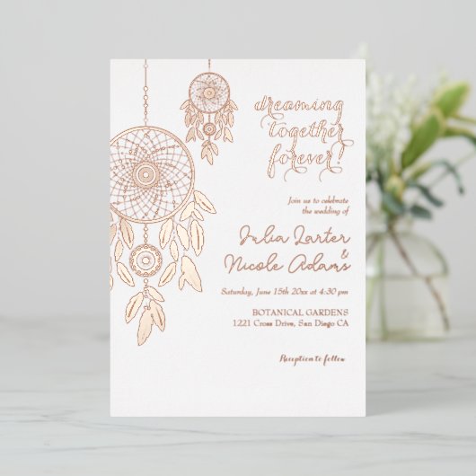 Boho Tribal veer Dreamcatcher bruiloft Folie Uitnodiging (Staand Voorkant)