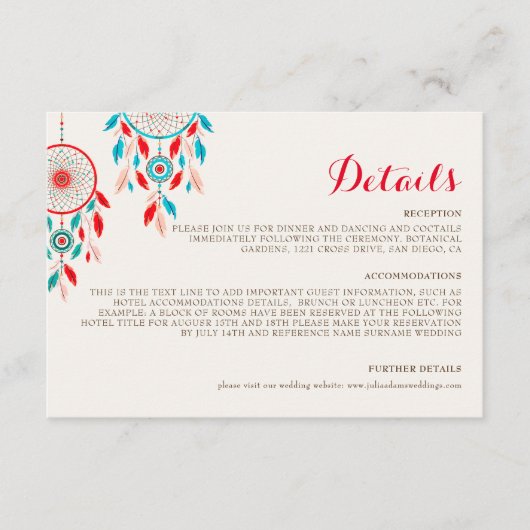 Boho Tribal veer Dreamcatcher bruiloft Informatiekaartje (Voorkant)