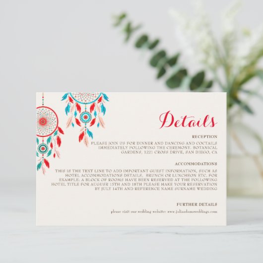 Boho Tribal veer Dreamcatcher bruiloft Informatiekaartje (Staand voorkant)