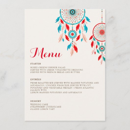 Boho Tribal veer Dreamcatcher bruiloft Menu (Voorkant)