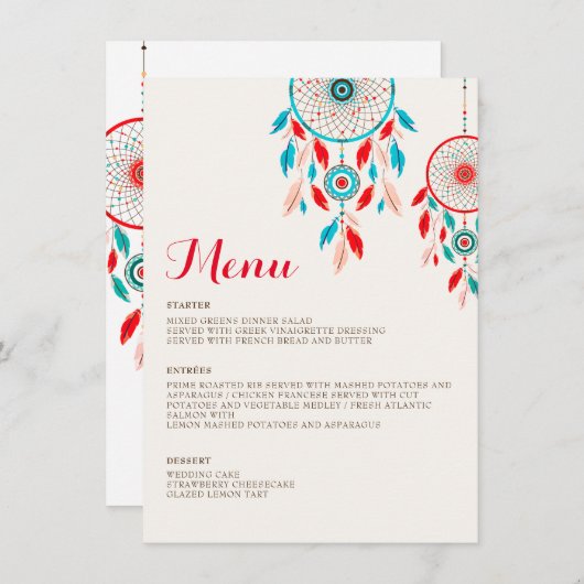 Boho Tribal veer Dreamcatcher bruiloft Menu (Voorkant / Achterkant)