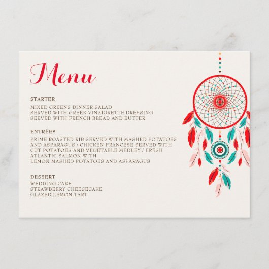 Boho Tribal veer Dreamcatcher bruiloft Menu (Voorkant)