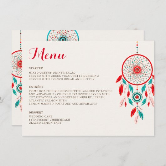 Boho Tribal veer Dreamcatcher bruiloft Menu (Voorkant / Achterkant)