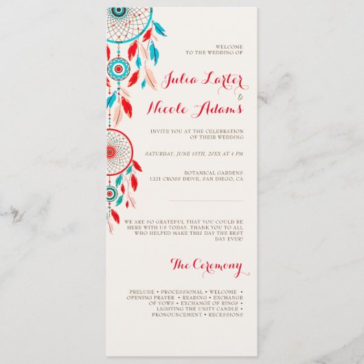 Boho Tribal veer Dreamcatcher bruiloft Programmakaart (Voorkant)