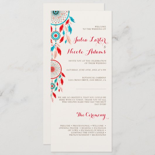 Boho Tribal veer Dreamcatcher bruiloft Programmakaart (Voorkant / Achterkant)