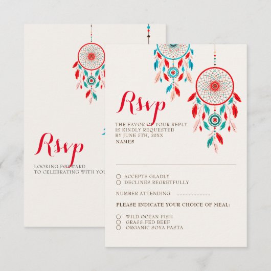 Boho Tribal veer Dreamcatcher Bruiloft RSVP Kaart (Voorkant / Achterkant)